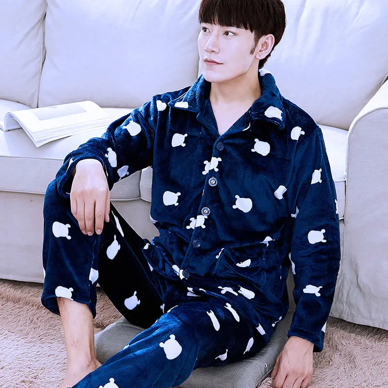 Pajamas Set Men Winter Warm Stripe Sleepwear Print Thick Flannel Pyjama Long Sleeve Pants V-Neck Shirt  Man Home Pjs cotton pjs Pajama Sets