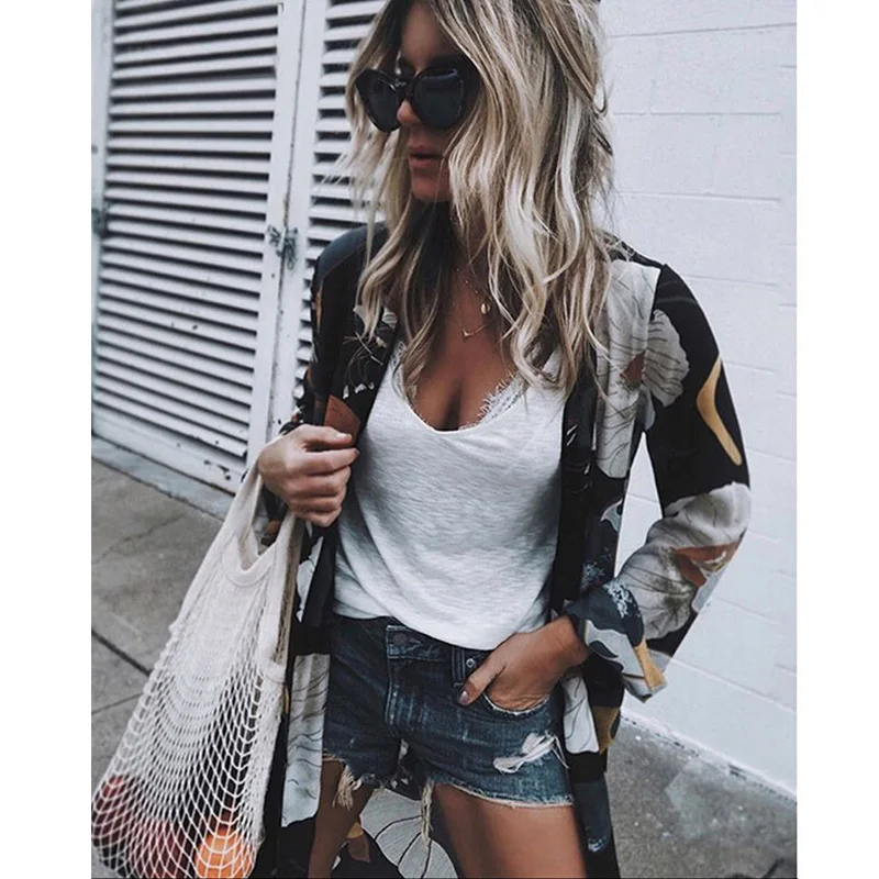 

Women Chiffon Kimono Cardigan Floral Printed Long Sleeve Blouse Summer Beach Cover Up Long Tops Boho Loose Ladies Shirts Blusas