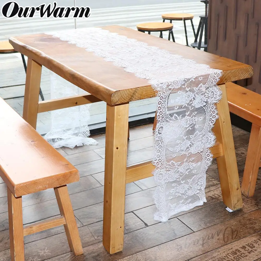 

OurWarm 10pcs/pack White Wedding Floral Lace Table Runner Table Cloth Chair Sash Banquet Wedding Party Table Decoration 35*300cm