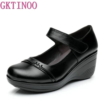 

2019 Wedges Women Shoe Spring Autumn Slip-On High Heels Round Toe Genuine Leather Casual Ladies Platform Shoes Woman
