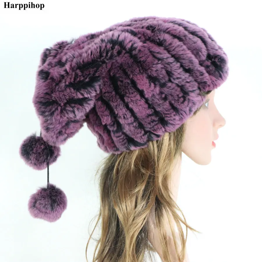 purple pink Зимняя меховая шапка s шапки бини для женщин прошитые полосы настоящий мех кролика шапка шарф женский мягкий теплый натуральный мех шапочки для дам - Цвет: purple pink