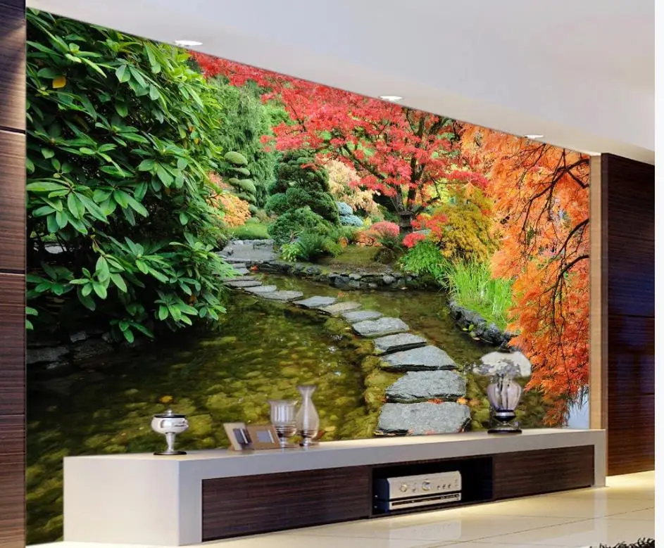 Beautiful romantic garden road flowers and trees background wall modern wallpaper for living room Beautiful romantic garden road flowers and trees background wall modern wallpaper for living room