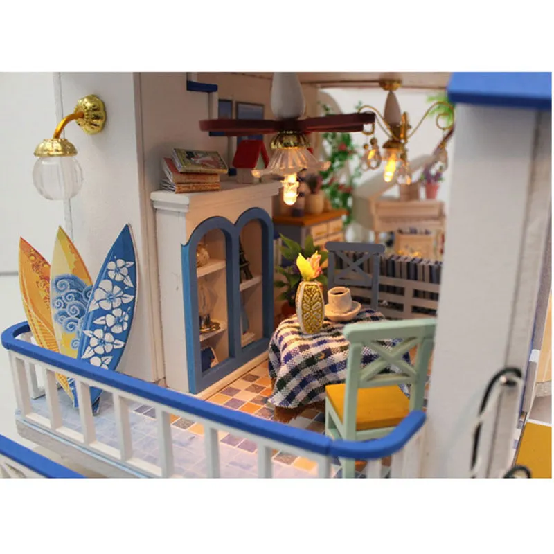 DIY светодиодный кукольный домик морская миниатюрная вилла с мебели деревянный дом комната Модель наборы подарки игрушки для детей Дети Кукольный дом игрушка