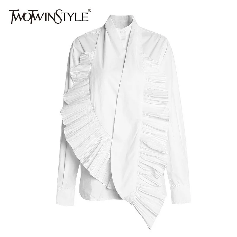 

TWOTWINSTYLE Casual Solid Women Blouse Long Sleeve ruffle Patchwork Halter Vest Asymmertical Shirt Female 2019 Spring