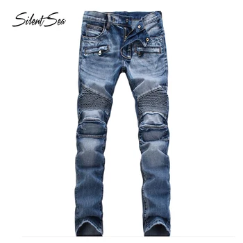 

Silentsea Fashion Men Jeans Slim Biker Zipper Denim Skinny Frayed Casual Pencil Pants Distressed Rip Trousers Male Big Size