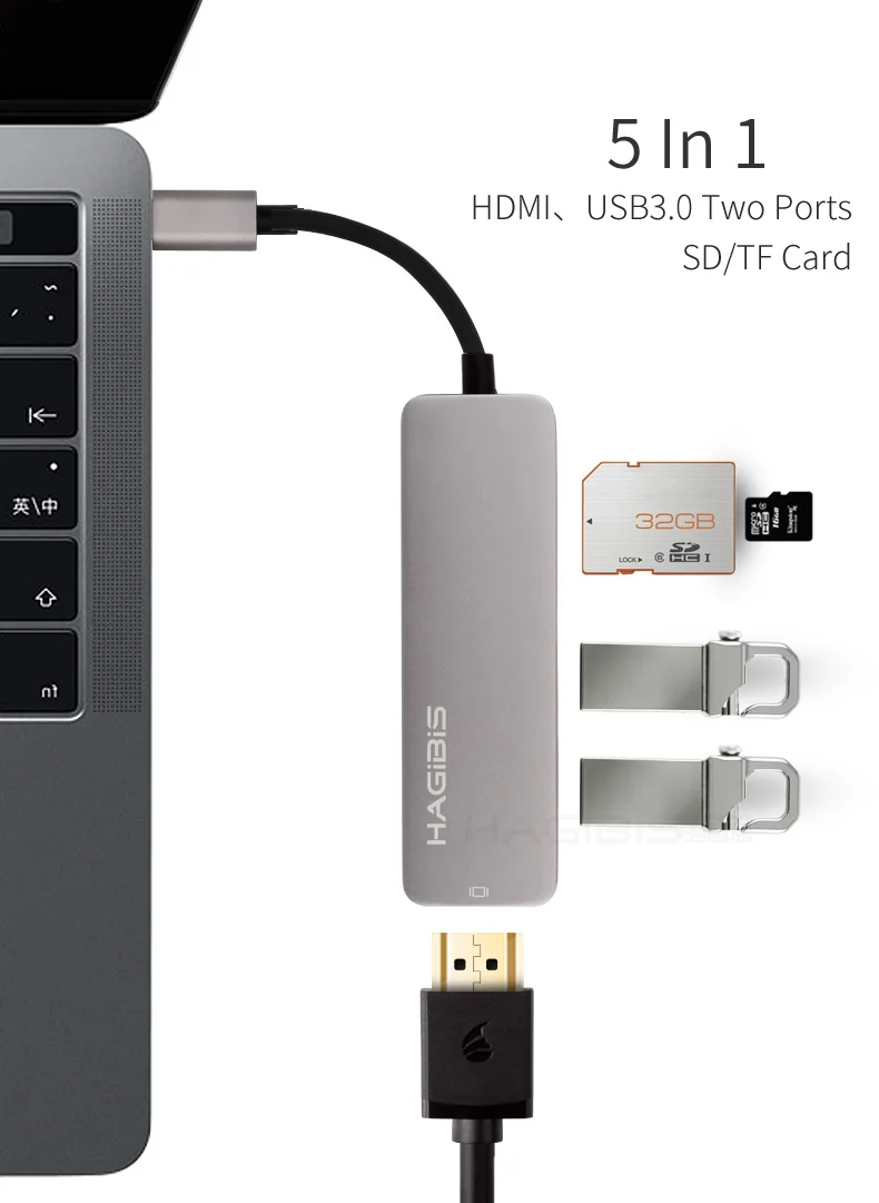 Hagibis Тип type-C USB 3,1 мульти Порты и разъёмы адаптер USB-C к HDMI 4K HD USB 3,0 концентратор 2-Порты и разъёмы SD Card Reader конвертер кабель для Macbook
