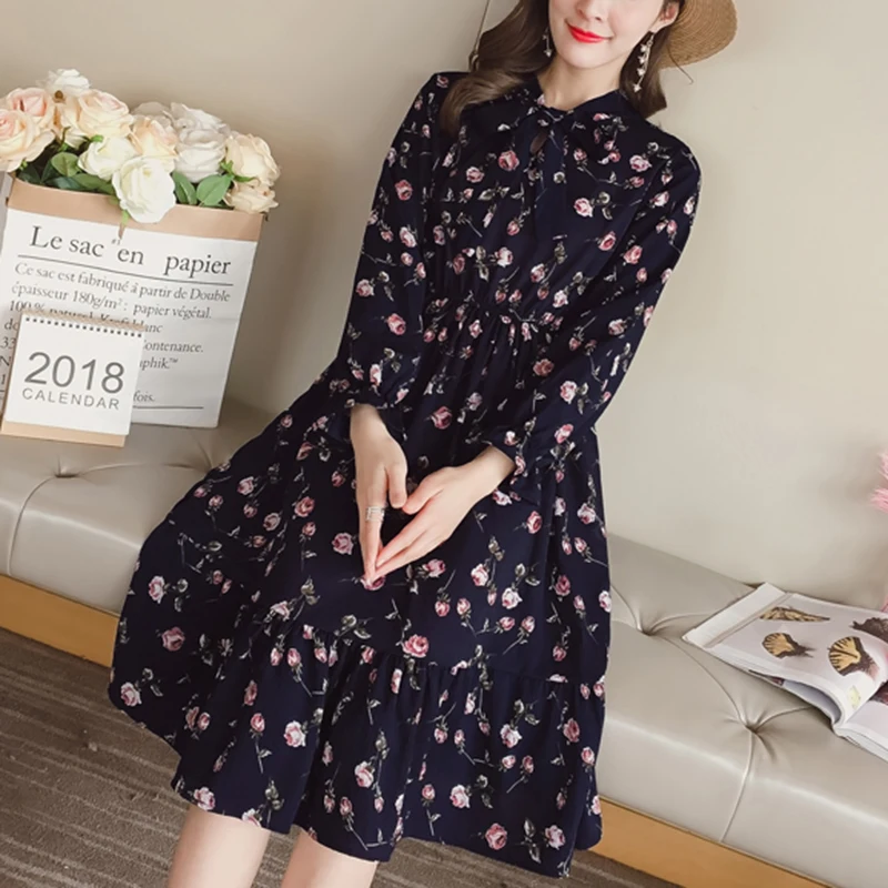 

New Bow Qualities Ladies Party Dress Female Slim Women Dresses Korean version Floral Casual Long sleeve Spring And Autumn 246