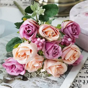 

6Pcs Fake Rose Bunch (5 stems/piece) Artificial Rose with foam Fruit for DIY Bridal Bouquet Home Wedding Showcase Decor