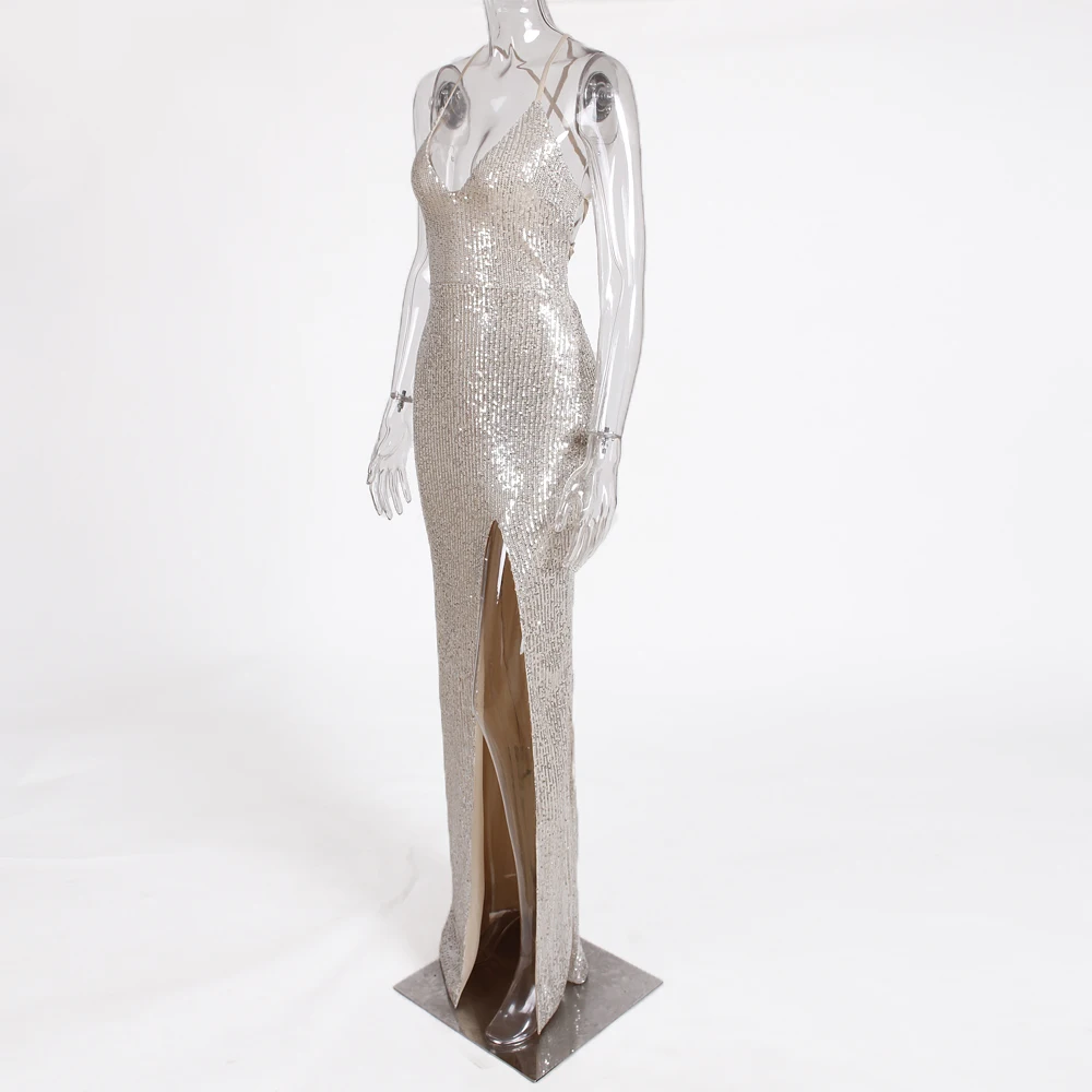 

2019 Deep V Neck Silver Elastic Sequin Party Dress Sleeveless High Split Full Lining Tie-straps Hollow Out Backless Summer Dress