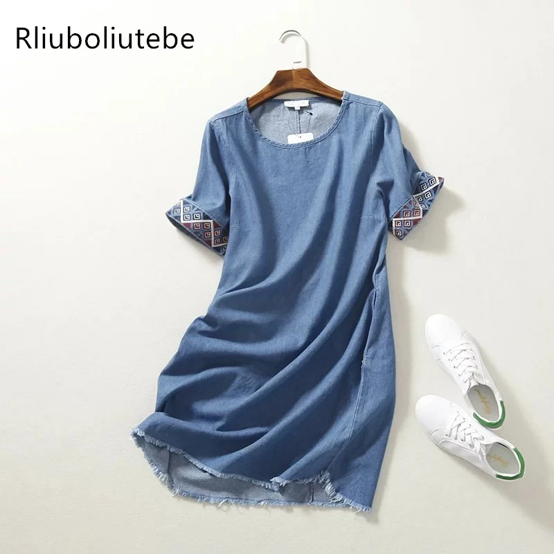 

Summer Embroidery Denim Dress Women Mini Blue O Neck Short Sleeves Straight Tassel Fringe Jeans Dress Casual vestido tunic