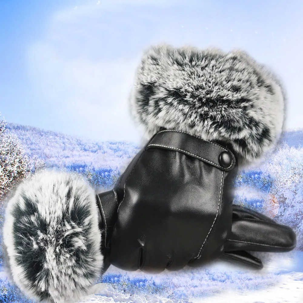 Мода 2018 женские черные кожаные перчатки осень-зима Полный Finger Варежки Теплый мех кролика варежки высокое качество