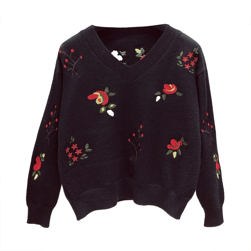 

Autumn winter women vintage embroided floral knitted sweater new fashion batwing sleeve V-neck black pull femme manche longue