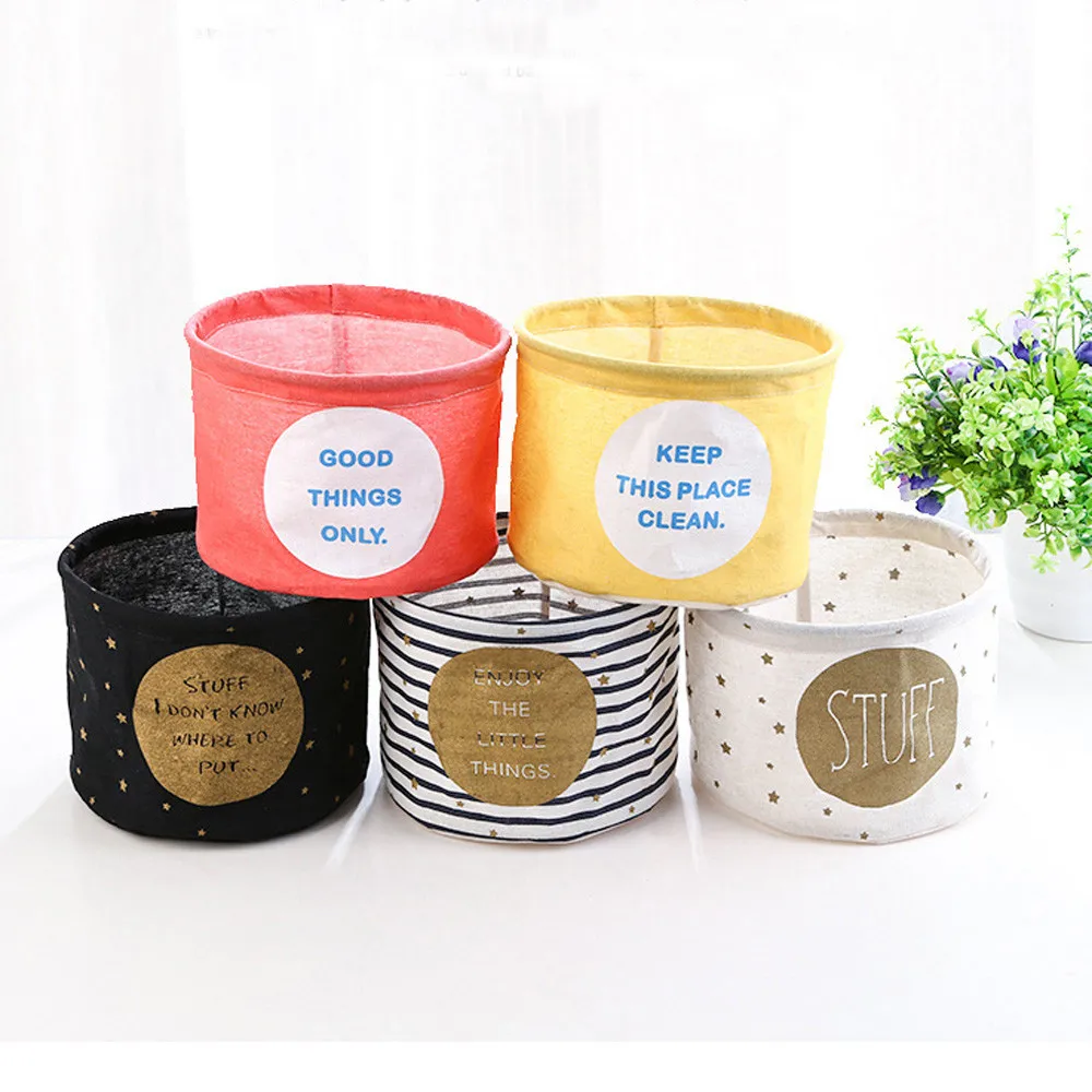 

Cotton Linen Desktop Storage Basket Folding Kitchen Sundries Storage Box Home Office Round Organizers Letters Prints 19*20cm