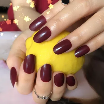 

Round Natural False Nails Glitter Deep Coffee French Nail Short Round Size Manicure Tips 24pcs