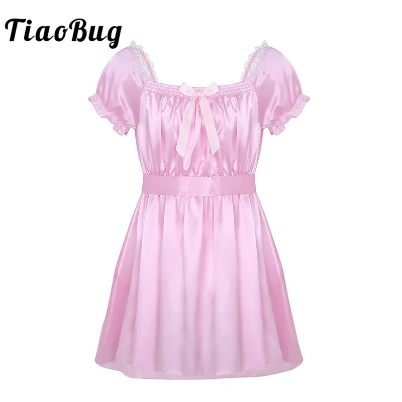 

TiaoBug Men Short Sleeve Shiny Soft Satin Lace Cross-dress Lingerie Dress with Sash Sissy Nightwear Hot Sexy Male Gay Underwear