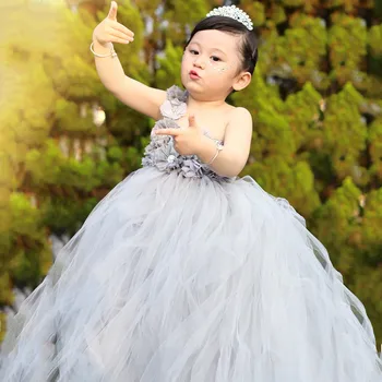 

Ankle-length Grey Color Flower Girls Tutu Dress Bridesmaid Wedding Dress Elegant Children Evening Dress for Kids Party Dresses