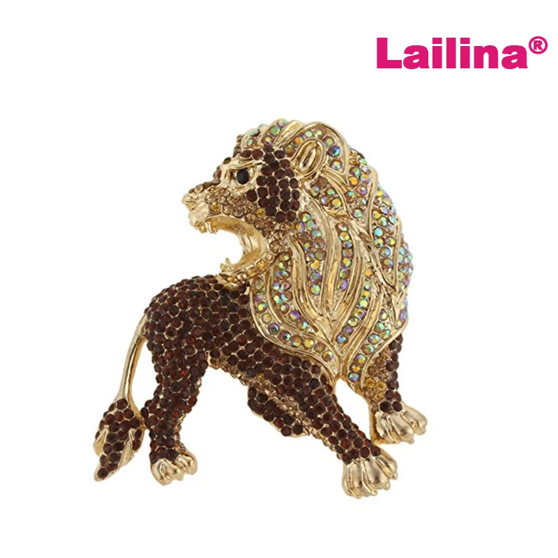50pcs/lot Brown Crystal Rhinestone Roaring King Lion Brooch Gold Tone