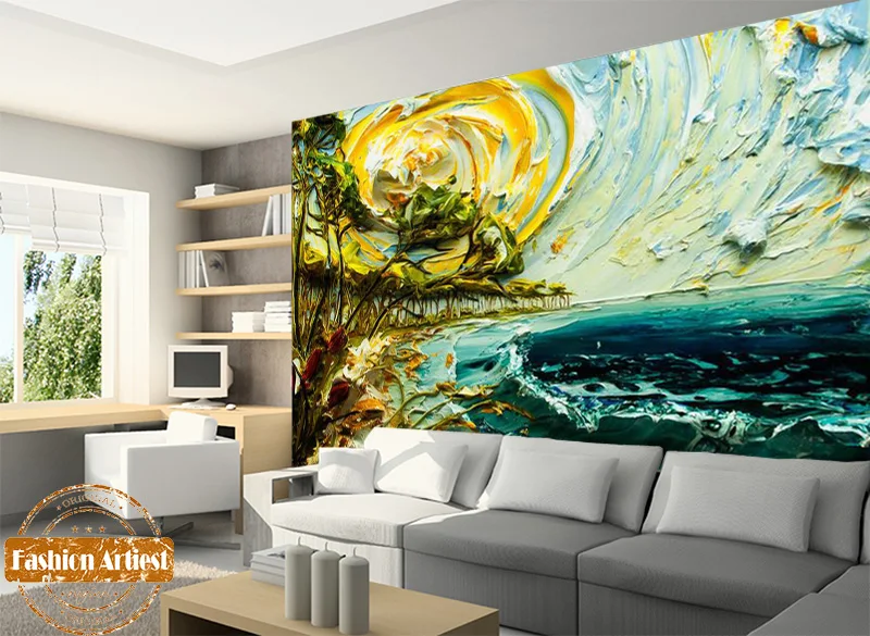 Custom Abstract Storming Sea Wallpaper Mural Sun Beach Trees Wallpaper Mural Sun Beach Trees