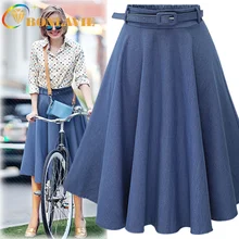 Женские летние юбки трапециевидной формы однотонная Высокая талия с поясом до колена джинсовая плиссированная юбка темно-синяя и светло-голубая Одежда для девочек