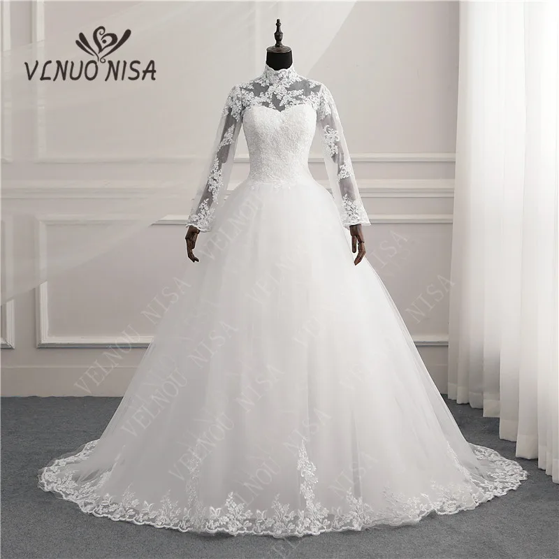 Скидка 40% бальное платье с высоким воротом свадебное платье Со Шлейфом Кружевное Иллюзия аппликации свадебное платье Vestido De Novias дизайн