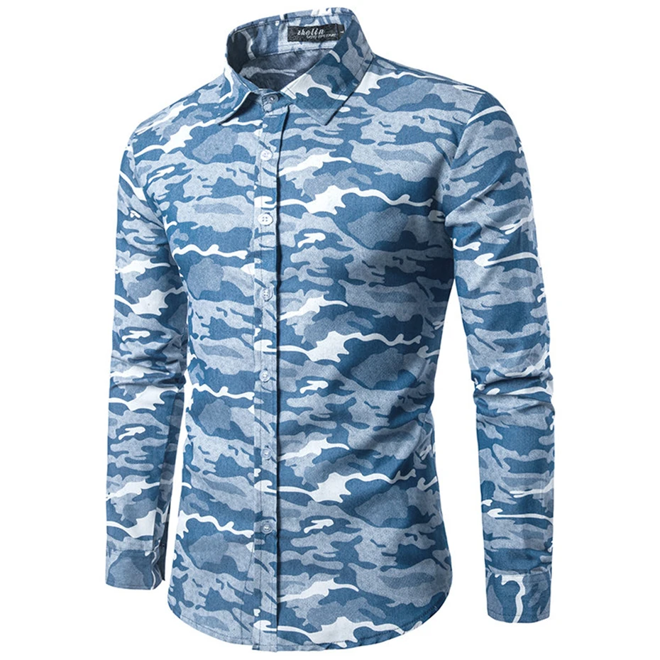 Камуфляжные повседневные мужские рубашки с длинным рукавом, с отворотом, с воротником, Армейский Камуфляж, на пуговицах, Camisas Masculina, рубашка для мужчин, темно-синий, осень, J0141