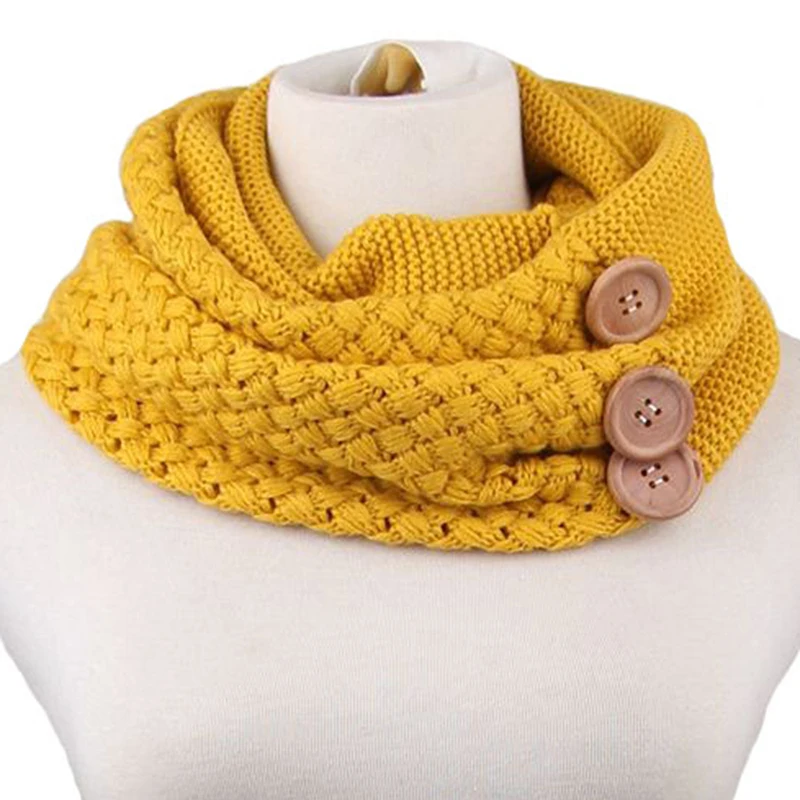 Теплый зимний шарф, шарфы, вязаный женский модный шерстяной кашемировый желтый красный шарф с круглым вырезом, шарф из пашмины с пуговицами для девушек