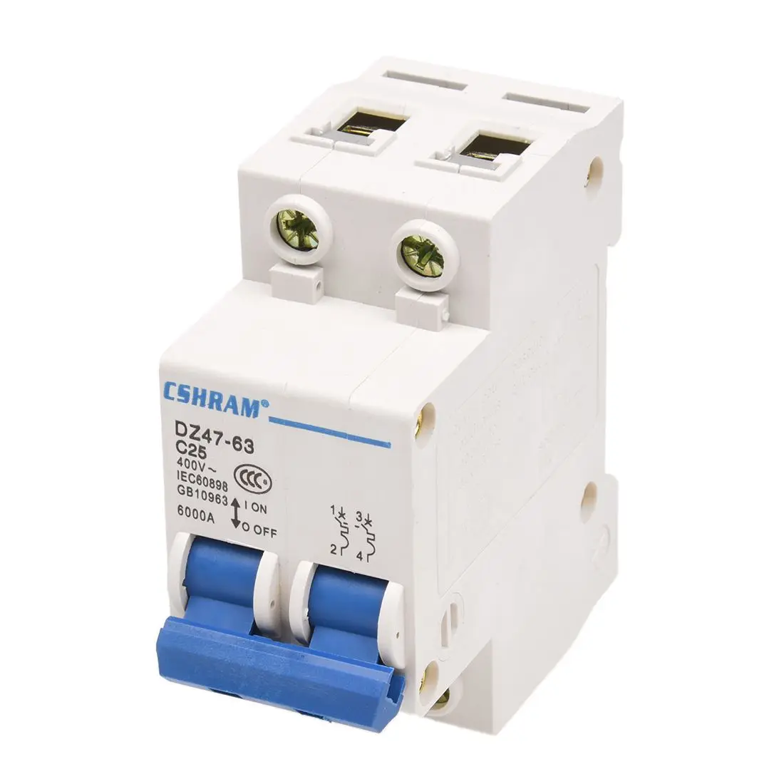 DZ47 63 C25 25 Amp 230/400VAC 6000A Breaking Capacity 2 Poles Circuit