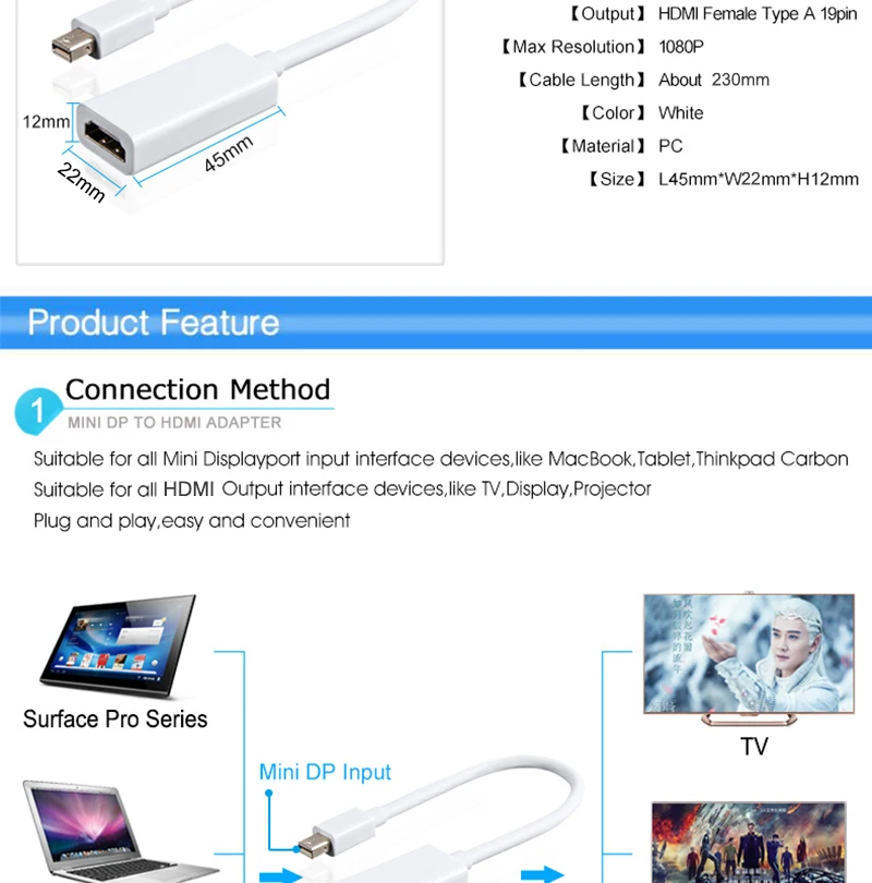 Thunderbolt мини дисплей порт дисплей DP Мужской к HDMI Женский адаптер конвертер кабель для Apple Mac Macbook Pro Air