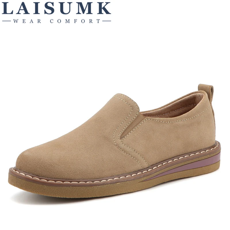 

LAISUMK 2019 Spring Women Flats Sneakers Shoes Women Slip On Flat Loafers Suede Leather Shoes Handmade Boat Shoes Black Oxfords