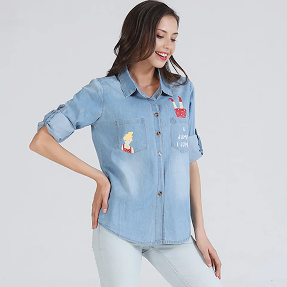 

YYFS Spring Casual Women's Denim Shirt Long Sleeve Loose Slim Fit Jeans Shirt Female Denim Clothing