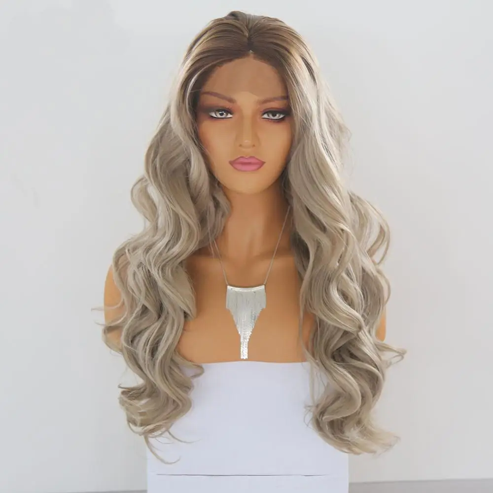 RONGDUOYI 150% Density Two Tone Boby Wave Synthetic Cosplay Wigs for Women Long High Temperature Fiber Hair Ombre Lace Front Wig