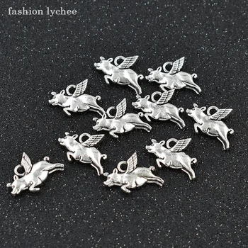 

fashion lychee 10pcs Animal Pig With Wings Tibetan Silver Beads Pendant DIY Necklace Jewelry Making Accessories