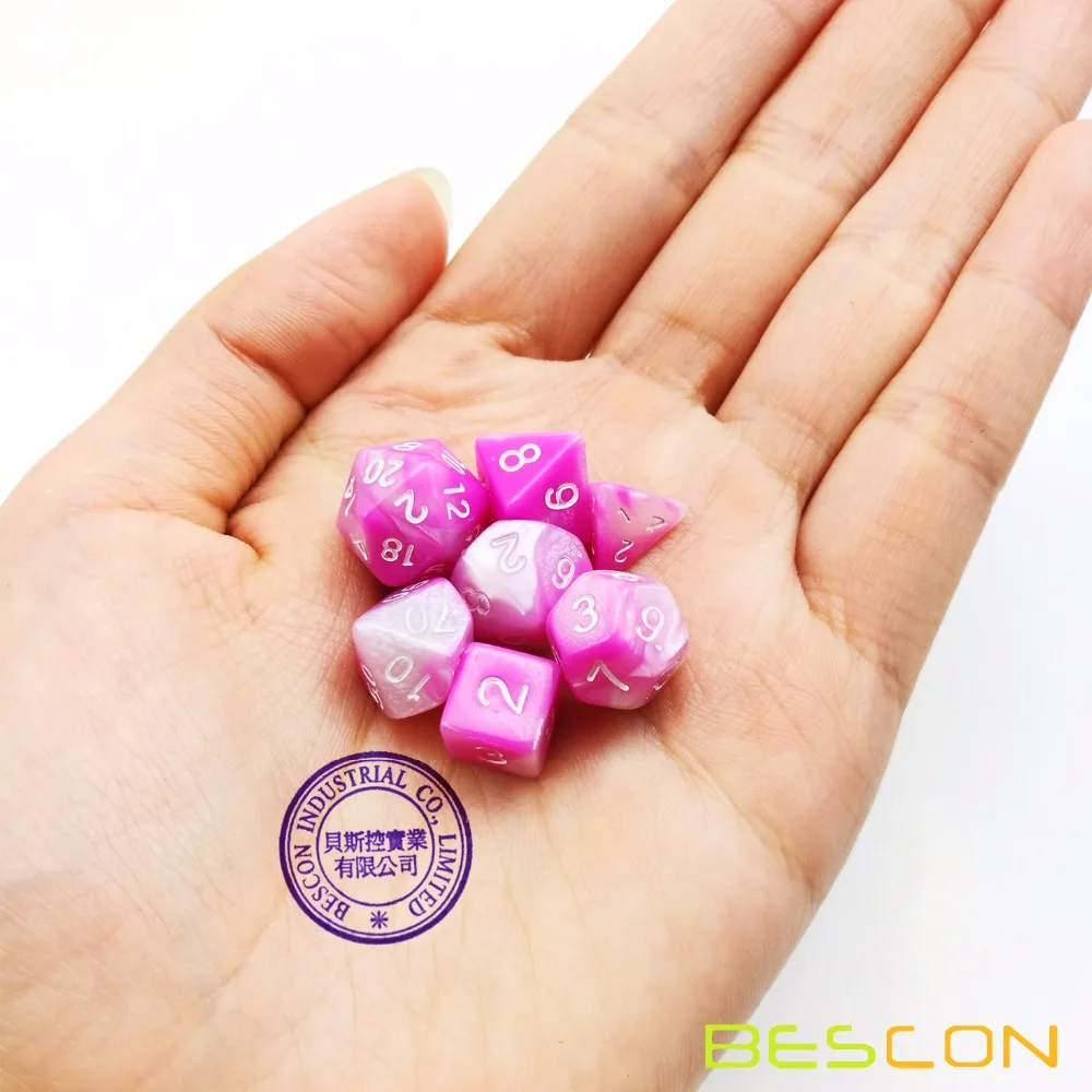 Bescon Mini Gemini Two Tone Polyhedral RPG Dice Set 10MM, Small Mini RPG Role Playing Game Dice D4-D20 in Tube, Pink Blossom