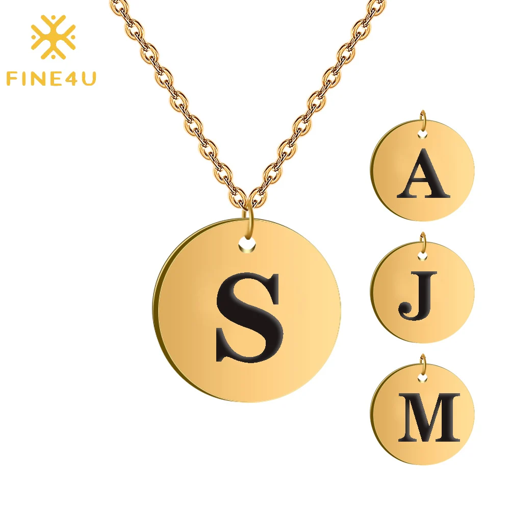 

FINE4U N251 Cute Round Coin Pendants Necklaces Stainless Steel Chain Necklace Engraved Letters Alphabet Customized Jewelry