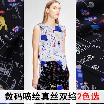 

114cm wide crepe de chine silk fabric cartoon elf digital inkjet silk fabric clothing shirt crepe fabric wholesale silk cloth