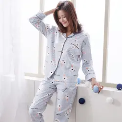 100% хлопок Повседневное полосатые пижамы наборы для Для женщин 2018 осень-зима с длинным рукавом Пижама домашняя одежда Loungewear домашняя одежда