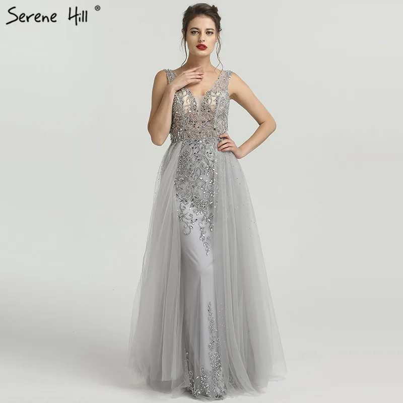 Роскошное Серебряное Вечернее платье без рукавов с кристаллами и v-образным вырезом, сексуальное модное вечернее платье со шлейфом, настоящая фотография LA6185