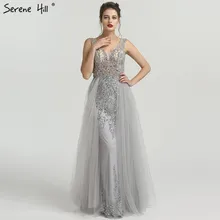 Роскошное Серебряное Вечернее платье без рукавов с кристаллами и v-образным вырезом, сексуальное модное вечернее платье со шлейфом, настоящая фотография LA6185