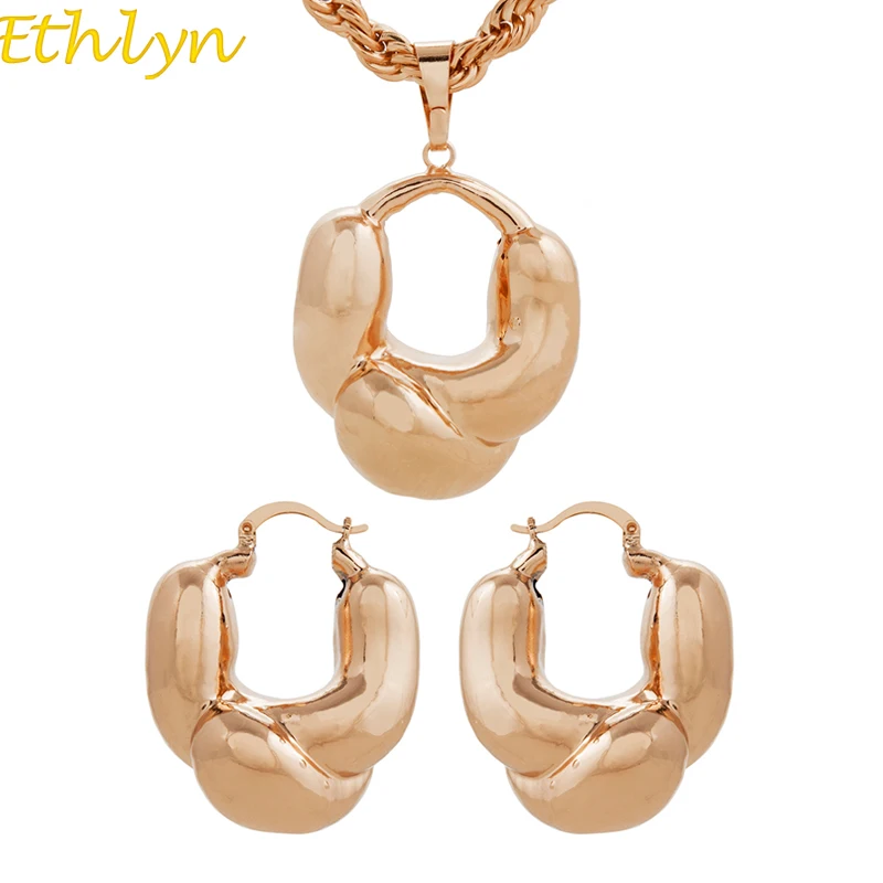 

Ethlyn New Arrival Rose Gold Color Nigerian Hollow Hoop Earrings Pendant Two Pcs Sets Women's Wedding Jewelry Sets S188