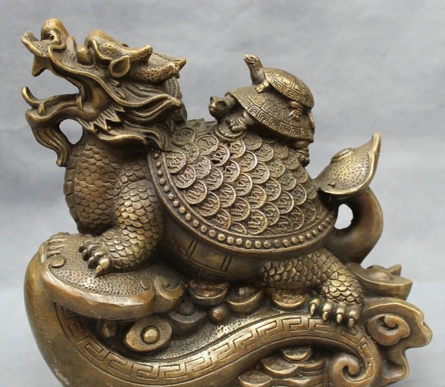 

S3169 8" Chinese Bronze Buddhism FengShui Longevity Dragon Turtle On Coin RuYi Statue D0317