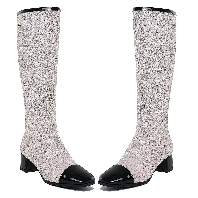 Новое поступление; женские сапоги до колена в европейском стиле с украшениями демисезонные вечерние и свадебные туфли на высоком каблуке 4,5 см Женская обувь; размеры 34-43 - Цвет: Бежевый