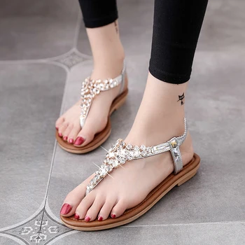 

Women Sandals Summer Shoes Flat Pearl Sandals Comfortable String Bead Slippers Women Casual Sandals Crystal Shine Beach Sandals