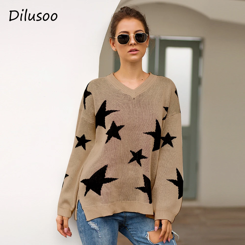 

Dilusoo Star Print Autumn Knitted Sweater Women Sexy V-neck Solid Long Sleeve Loose Sweater Female 2019 Autumn Casual Sweaters