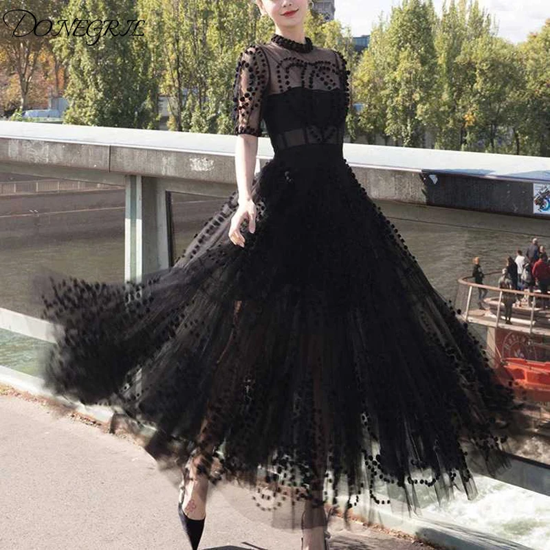 

2019 summer high-end black dress ball short-sleeved perspective mesh tutu temperament dress