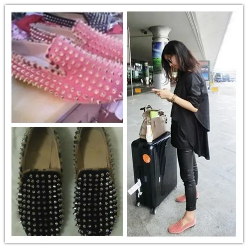 

2017 women's genuine leather shoes single shoes sheepskin rivet leopard print flat-bottomed round toe flats 3 colors size 33-40