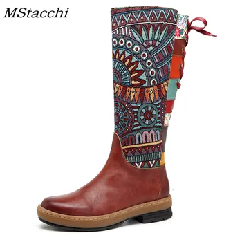

MStacchi Bohemian Shoes Woman Ethnic Leather Motorcycle Boots Vintage Mid-calf Boots Printed Side Zip Back Lace Up Botas Mujer