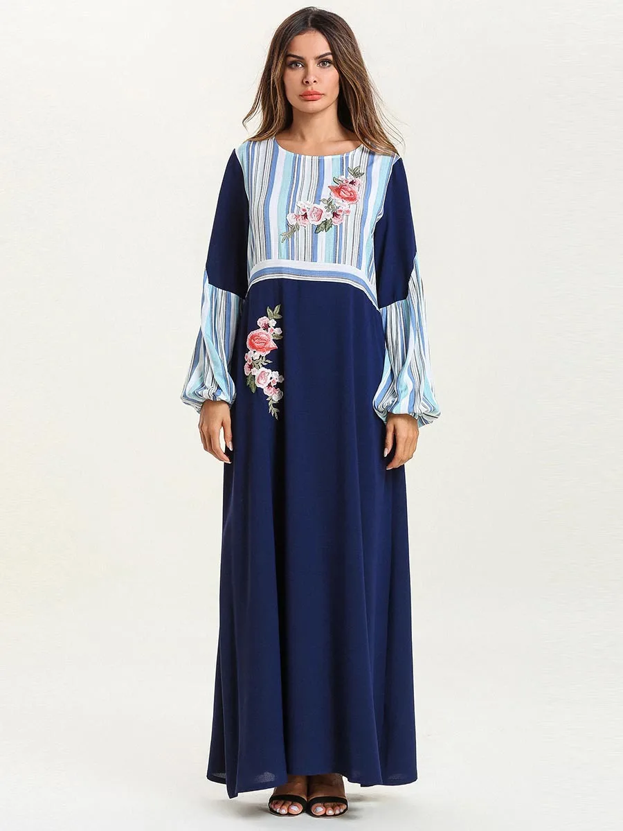 Длинная женская одежда abaya больших размеров 4XL с цветочным принтом голубое платье