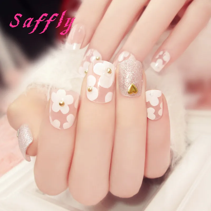 

Saffly Charming False Nails 24 pcs Full Cover Round Head with Glitter Finished Nail Tips with Glue sticker printing Fake Nails