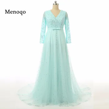 

Elegant Tulle Prom Dresses Vestidos De Festa V neck Formal Evening Gowns Long Sleeve Muslim Evening Dresses Real Images