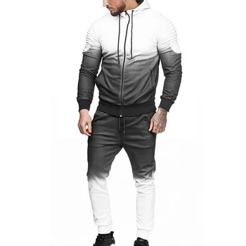 

NIBESSER Men Fashion Sets Men Zipper Hooded Sweatshirt Set Autumn Winter Striped Folds Jacket+Pants Gradient Outwear Jumpsuit